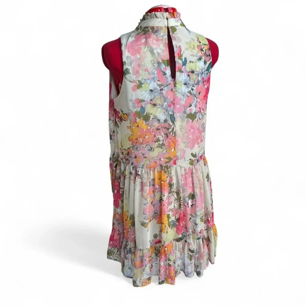 Bleecker 126 Multicolored Floral Sleeveless Dress With‎ Ruffled Collar Large